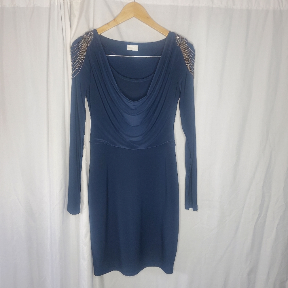 ♤ Vila Draped Front Sheath Dress with Beaded Epaulets Navy Blue Size XS